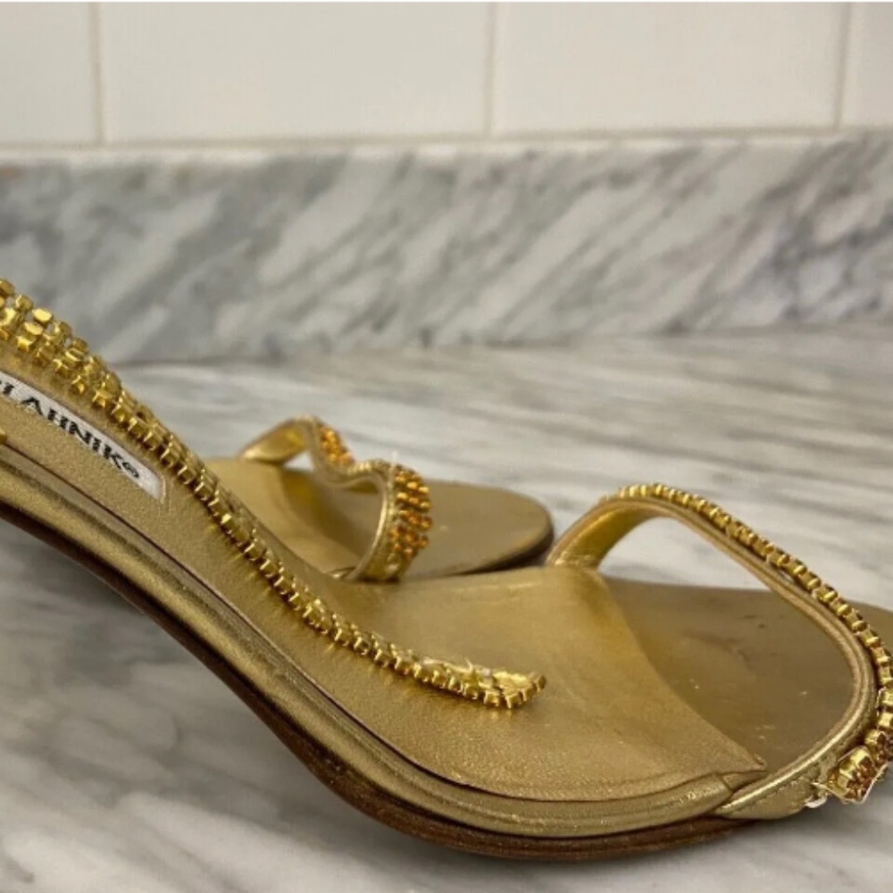 Manolo Blahnik Gold Heels Krystals Open Toe Sandal size EUR 39.5